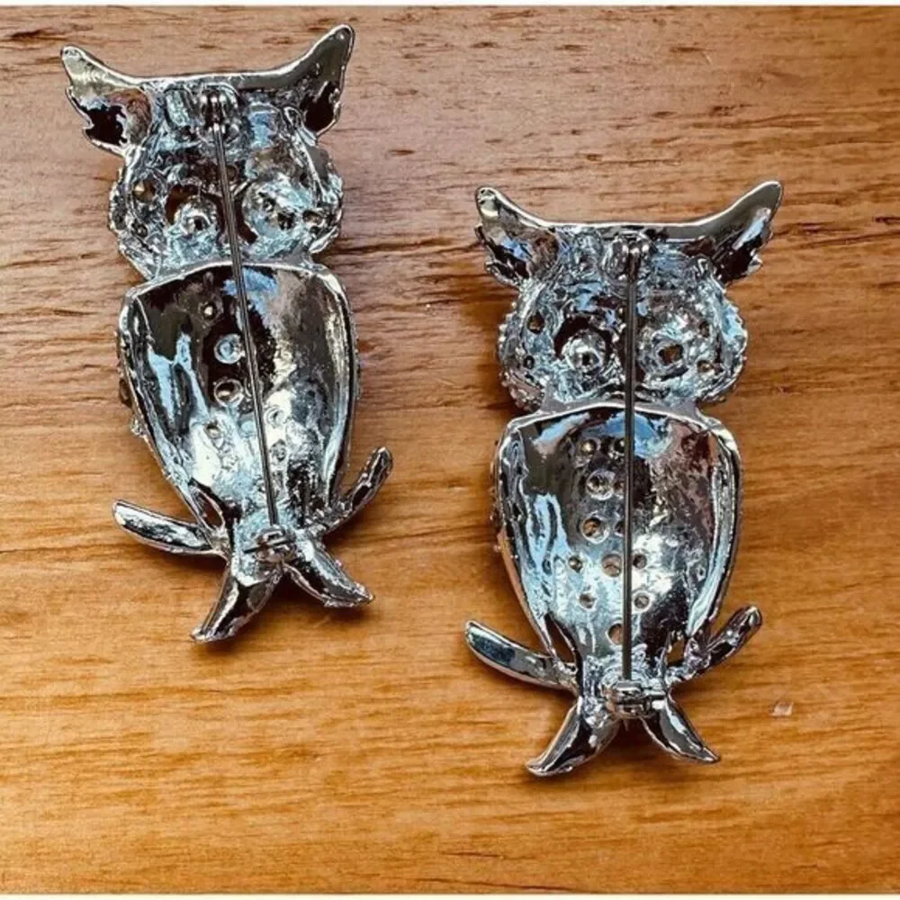 Vintage Silver-tone Baby Blue Rhinestone Owl Pin Brooch Blue Eyes Set‎ Of Two